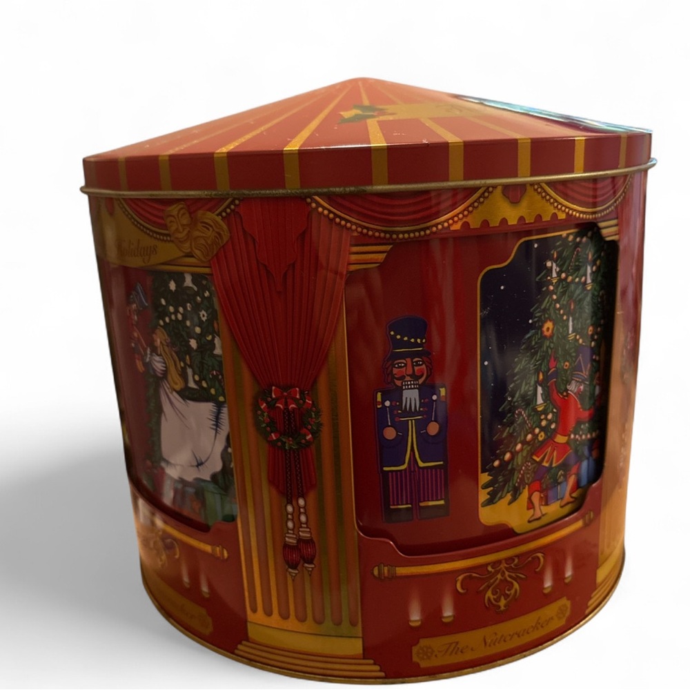 Rotating Musical Christmas Popcorn CookieTin Nutcracker Sugar Plum Fairy Holiday - Picture 2 of 6